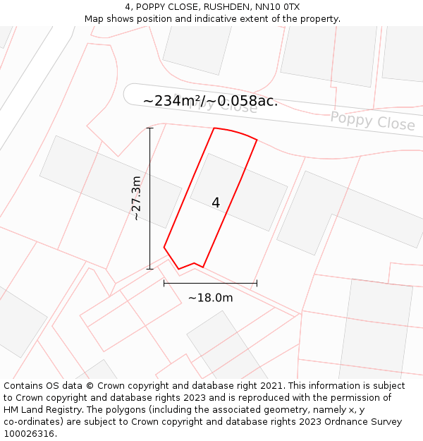 4, POPPY CLOSE, RUSHDEN, NN10 0TX: Plot and title map