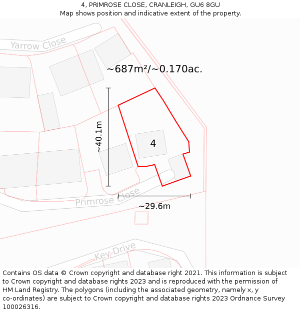 4, PRIMROSE CLOSE, CRANLEIGH, GU6 8GU: Plot and title map