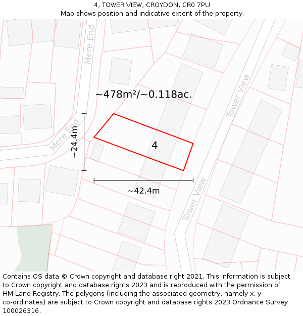 4, TOWER VIEW, CROYDON, CR0 7PU: Plot and title map