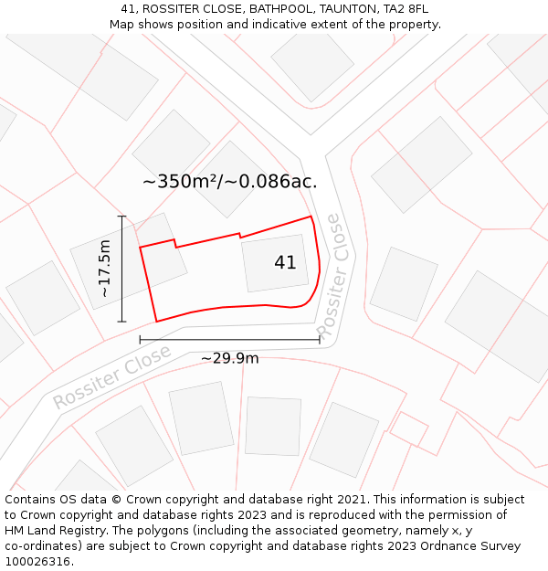 41, ROSSITER CLOSE, BATHPOOL, TAUNTON, TA2 8FL: Plot and title map