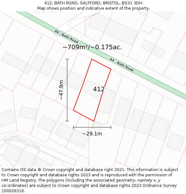 412, BATH ROAD, SALTFORD, BRISTOL, BS31 3DH: Plot and title map