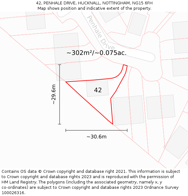 42, PENHALE DRIVE, HUCKNALL, NOTTINGHAM, NG15 6FH: Plot and title map