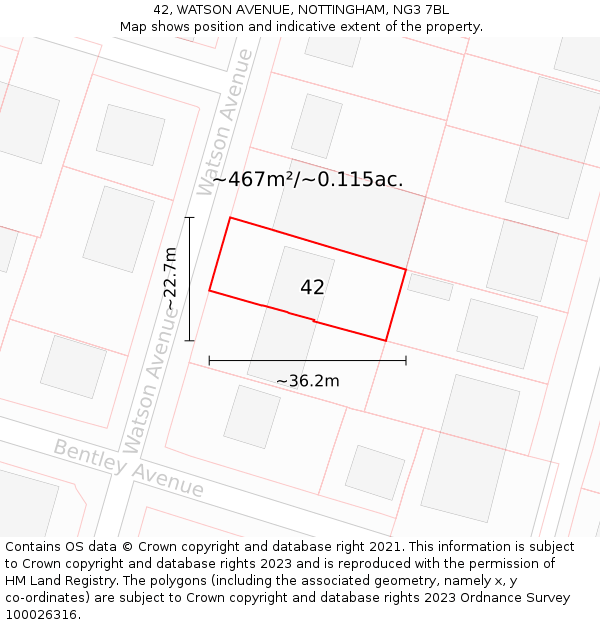42, WATSON AVENUE, NOTTINGHAM, NG3 7BL: Plot and title map