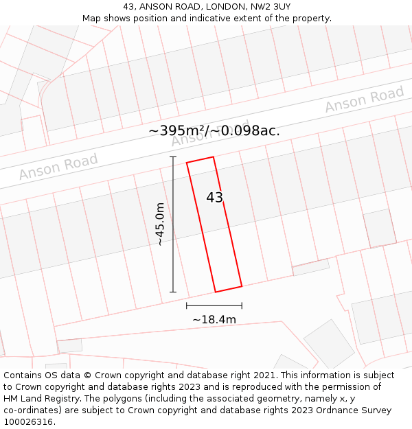 43, ANSON ROAD, LONDON, NW2 3UY: Plot and title map