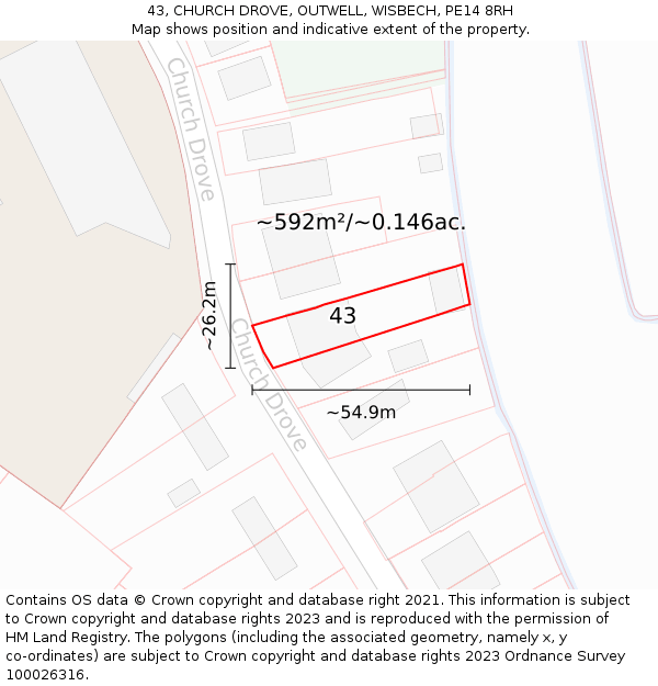 43, CHURCH DROVE, OUTWELL, WISBECH, PE14 8RH: Plot and title map