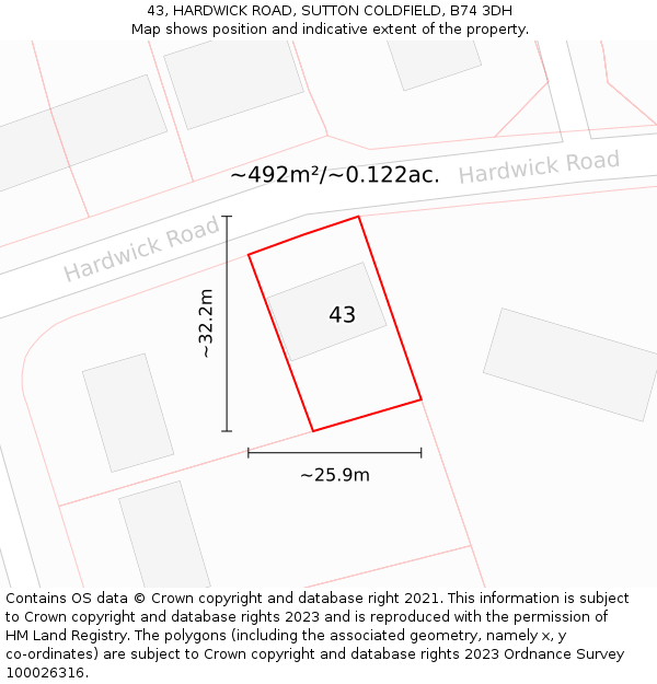 43, HARDWICK ROAD, SUTTON COLDFIELD, B74 3DH: Plot and title map