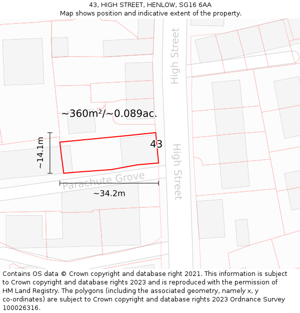 43, HIGH STREET, HENLOW, SG16 6AA: Plot and title map