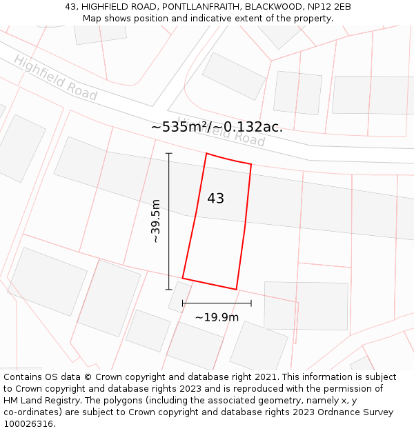 43, HIGHFIELD ROAD, PONTLLANFRAITH, BLACKWOOD, NP12 2EB: Plot and title map