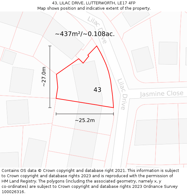 43, LILAC DRIVE, LUTTERWORTH, LE17 4FP: Plot and title map