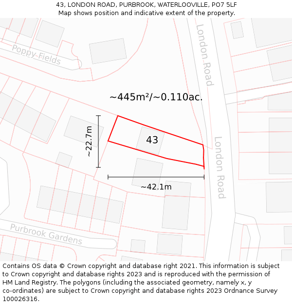 43, LONDON ROAD, PURBROOK, WATERLOOVILLE, PO7 5LF: Plot and title map