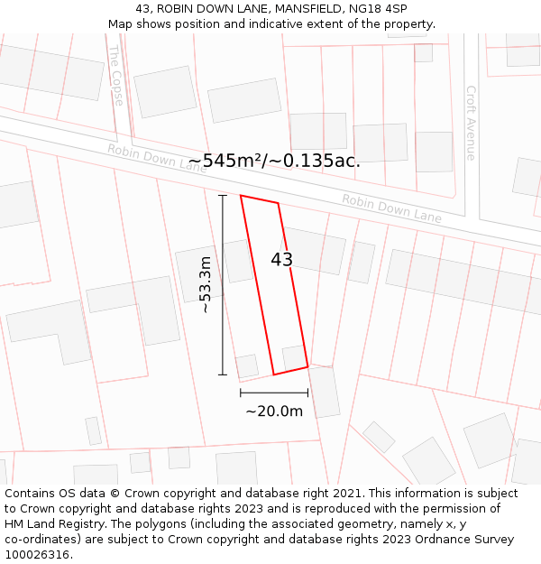 43, ROBIN DOWN LANE, MANSFIELD, NG18 4SP: Plot and title map