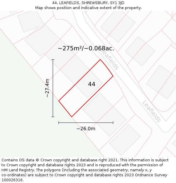 44, LEAFIELDS, SHREWSBURY, SY1 3JD: Plot and title map