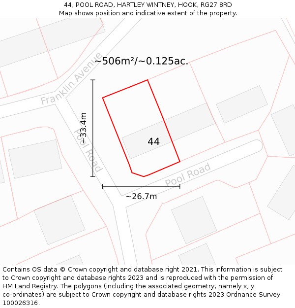 44, POOL ROAD, HARTLEY WINTNEY, HOOK, RG27 8RD: Plot and title map
