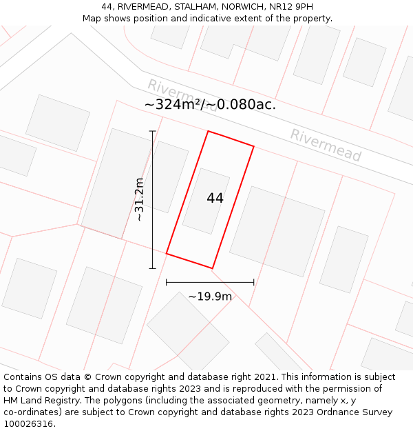 44, RIVERMEAD, STALHAM, NORWICH, NR12 9PH: Plot and title map
