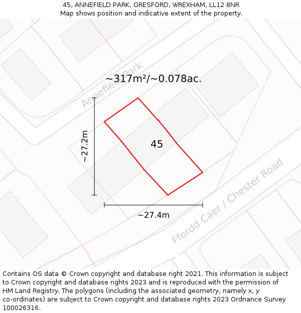 45, ANNEFIELD PARK, GRESFORD, WREXHAM, LL12 8NR: Plot and title map