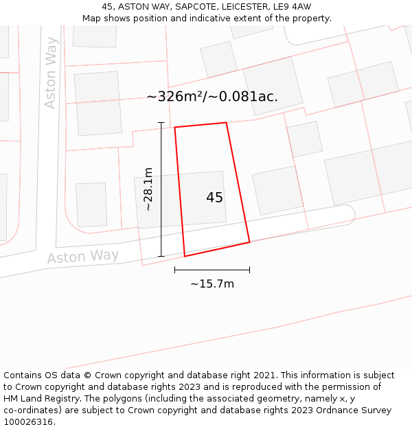 45, ASTON WAY, SAPCOTE, LEICESTER, LE9 4AW: Plot and title map