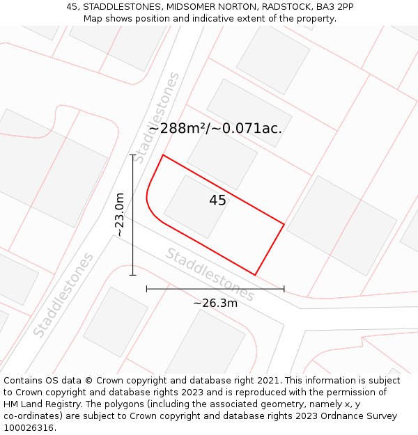 45, STADDLESTONES, MIDSOMER NORTON, RADSTOCK, BA3 2PP: Plot and title map