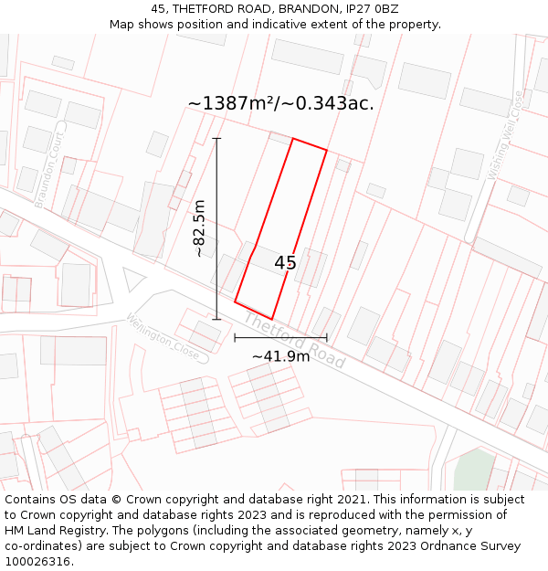 45, THETFORD ROAD, BRANDON, IP27 0BZ: Plot and title map