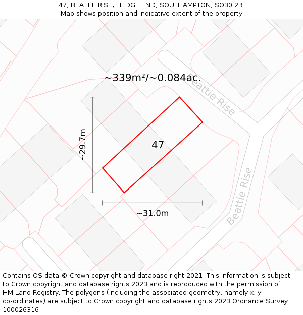 47, BEATTIE RISE, HEDGE END, SOUTHAMPTON, SO30 2RF: Plot and title map