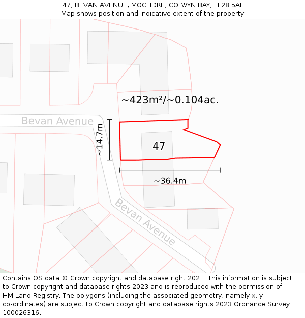 47, BEVAN AVENUE, MOCHDRE, COLWYN BAY, LL28 5AF: Plot and title map