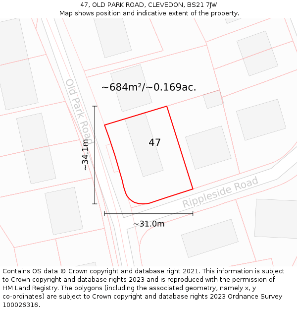 47, OLD PARK ROAD, CLEVEDON, BS21 7JW: Plot and title map