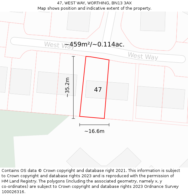 47, WEST WAY, WORTHING, BN13 3AX: Plot and title map