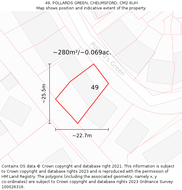 49, POLLARDS GREEN, CHELMSFORD, CM2 6UH: Plot and title map