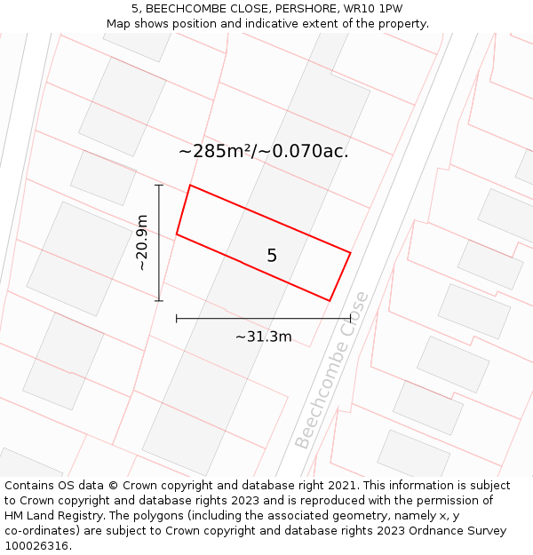 5, BEECHCOMBE CLOSE, PERSHORE, WR10 1PW: Plot and title map
