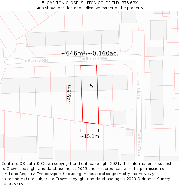 5, CARLTON CLOSE, SUTTON COLDFIELD, B75 6BX: Plot and title map