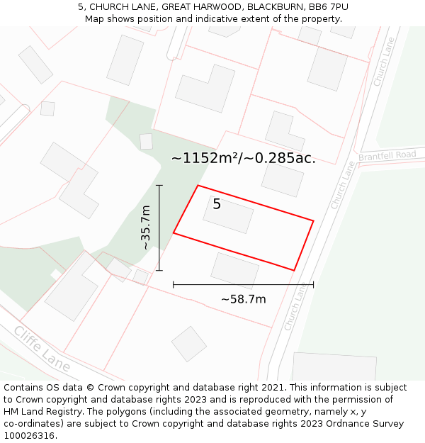 5, CHURCH LANE, GREAT HARWOOD, BLACKBURN, BB6 7PU: Plot and title map