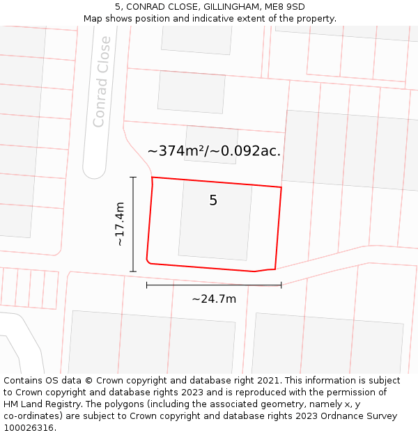 5, CONRAD CLOSE, GILLINGHAM, ME8 9SD: Plot and title map