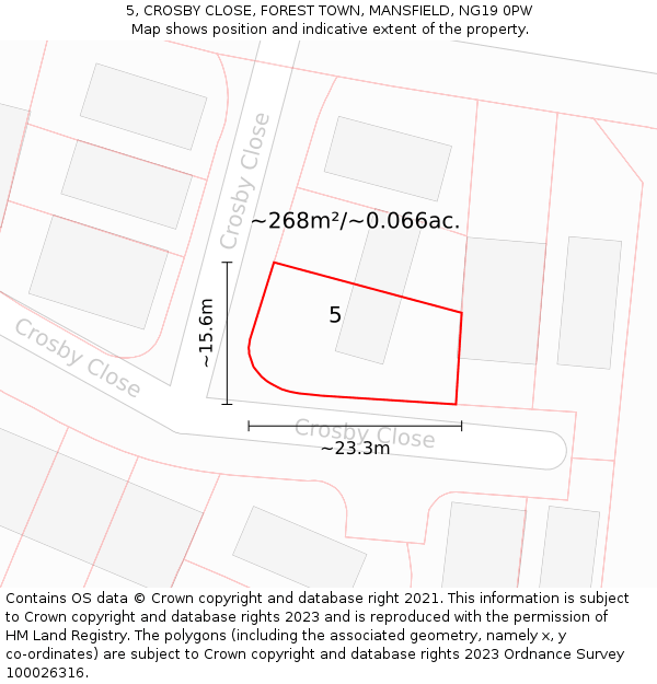 5, CROSBY CLOSE, FOREST TOWN, MANSFIELD, NG19 0PW: Plot and title map