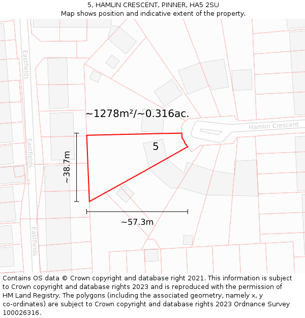 5, HAMLIN CRESCENT, PINNER, HA5 2SU: Plot and title map