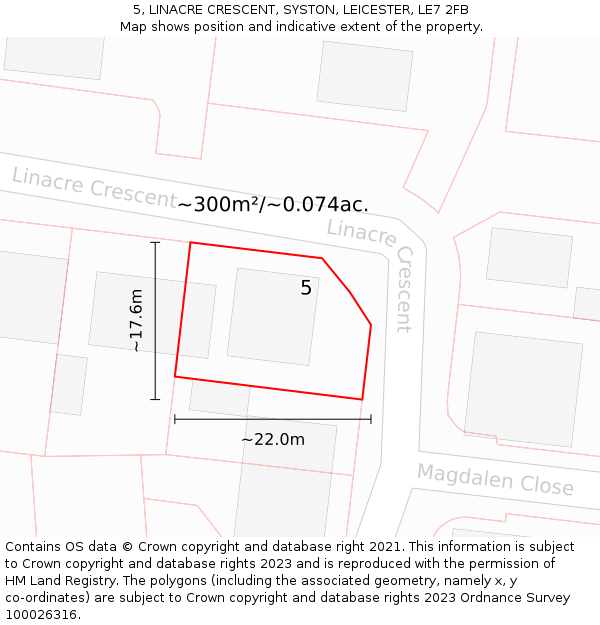 5, LINACRE CRESCENT, SYSTON, LEICESTER, LE7 2FB: Plot and title map