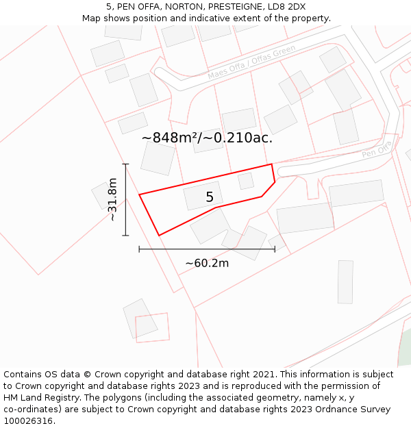 5, PEN OFFA, NORTON, PRESTEIGNE, LD8 2DX: Plot and title map