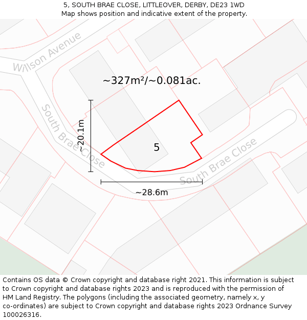 5, SOUTH BRAE CLOSE, LITTLEOVER, DERBY, DE23 1WD: Plot and title map