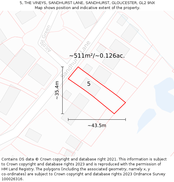 5, THE VINEYS, SANDHURST LANE, SANDHURST, GLOUCESTER, GL2 9NX: Plot and title map