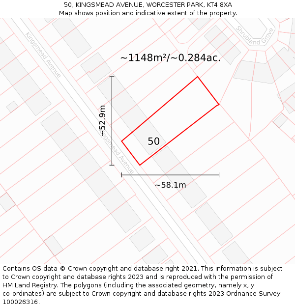 50, KINGSMEAD AVENUE, WORCESTER PARK, KT4 8XA: Plot and title map