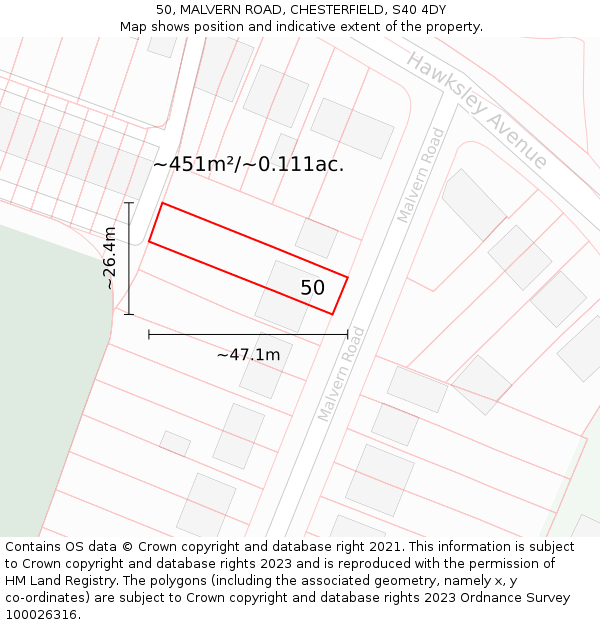 50, MALVERN ROAD, CHESTERFIELD, S40 4DY: Plot and title map