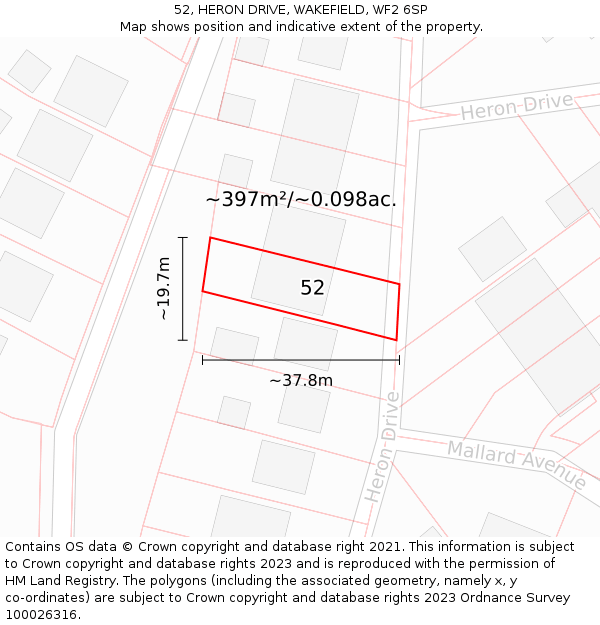 52, HERON DRIVE, WAKEFIELD, WF2 6SP: Plot and title map
