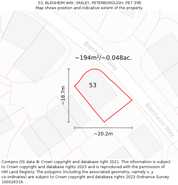 53, BLENHEIM WAY, YAXLEY, PETERBOROUGH, PE7 3YB: Plot and title map