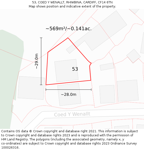 53, COED Y WENALLT, RHIWBINA, CARDIFF, CF14 6TN: Plot and title map