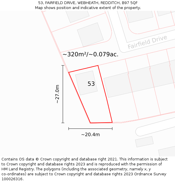 53, FAIRFIELD DRIVE, WEBHEATH, REDDITCH, B97 5QF: Plot and title map