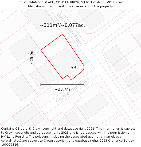 53, GERMANDER PLACE, CONNIBURROW, MILTON KEYNES, MK14 7DW: Plot and title map