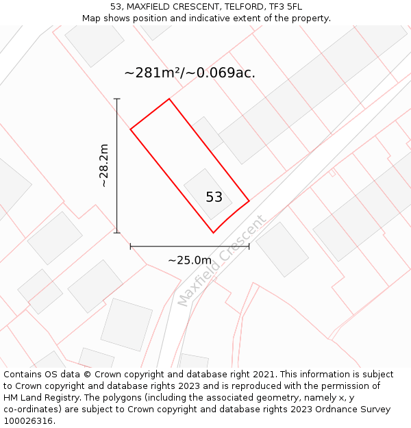 53, MAXFIELD CRESCENT, TELFORD, TF3 5FL: Plot and title map