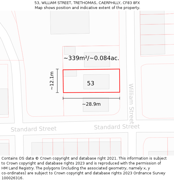 53, WILLIAM STREET, TRETHOMAS, CAERPHILLY, CF83 8FX: Plot and title map
