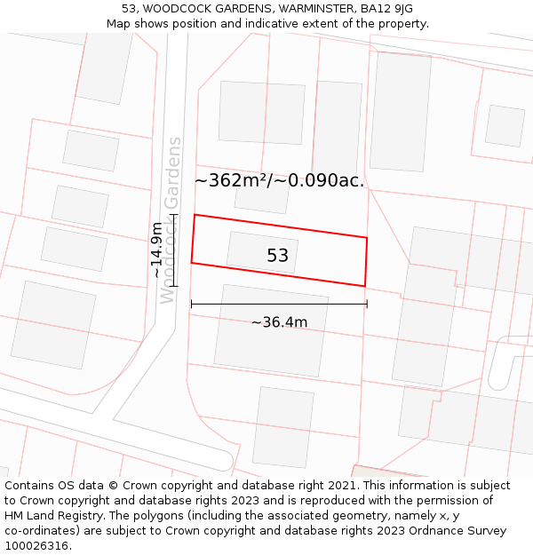 53, WOODCOCK GARDENS, WARMINSTER, BA12 9JG: Plot and title map