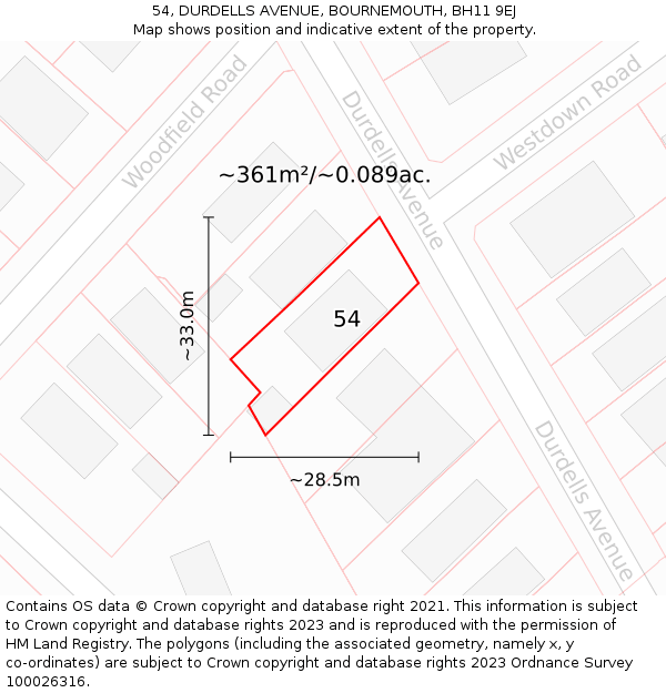 54, DURDELLS AVENUE, BOURNEMOUTH, BH11 9EJ: Plot and title map