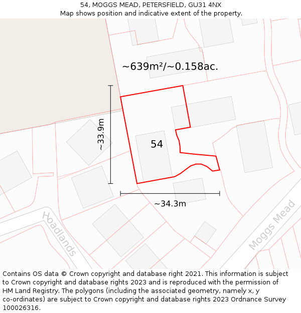 54, MOGGS MEAD, PETERSFIELD, GU31 4NX: Plot and title map