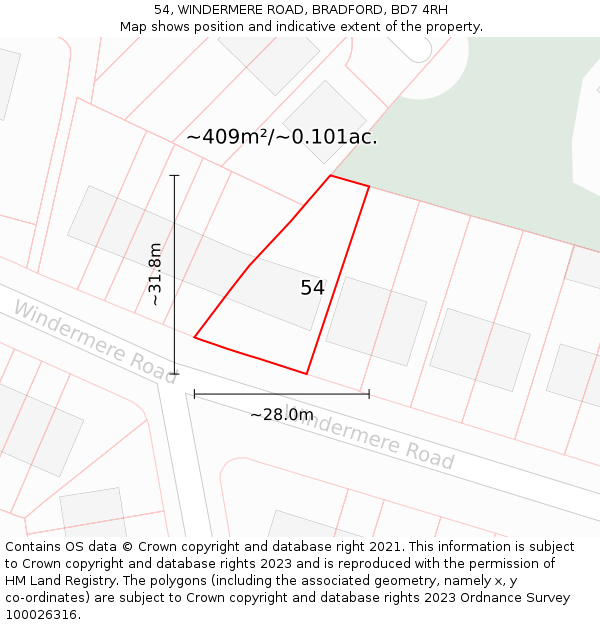 54, WINDERMERE ROAD, BRADFORD, BD7 4RH: Plot and title map
